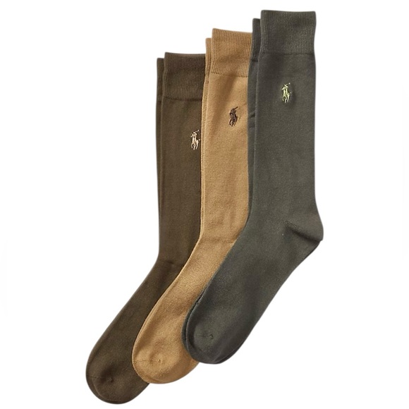 POLO RALPH LAUREN New 3 Pack Trouser Socks Logo Olive Brown Khaki - Picture 1 of 10